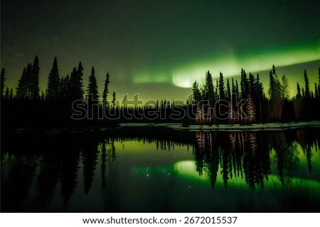 The reflection of evergreen trees over a calm sea at night during the Northern Lights