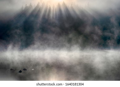 Reflection of the first rays of the sun in a misty forest lake