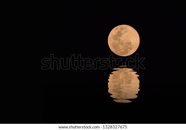 A reflection of full\
moon on water