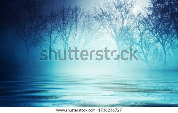 Reflection of the full moon on the water.\
Dark dramatic background. Moonlight, smoke and\
fog