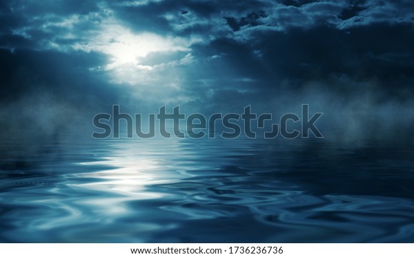 Reflection of the full moon on the water.\
Dark dramatic background. Moonlight, smoke and\
fog