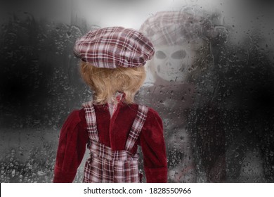 Reflection of ghost doll from windows with rain drop in dark night.