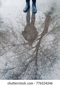 Reflection of a girl and a tree in the puddle