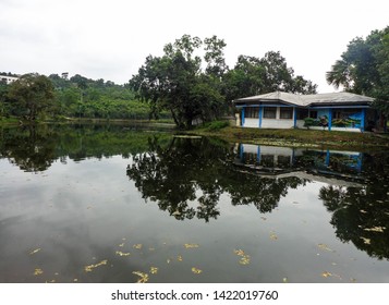 A reflection of the house in a lake
