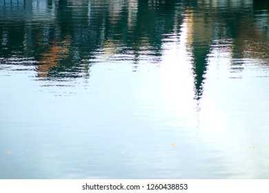 Reflection of houses on the lake water.