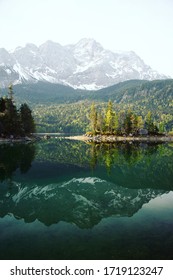 Reflection of Lake Eibsee infront of Zugspitze, Bavaria, Germany