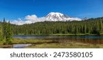 Reflection Lake with Mt Rainier in the background. Sunny summer day. Paradise, Mt Rainier National Park, Washington, United States of America.