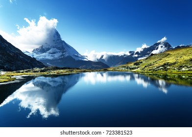 Reflection of Matterhorn in lake Riffelsee, Zermatt, Switzerland