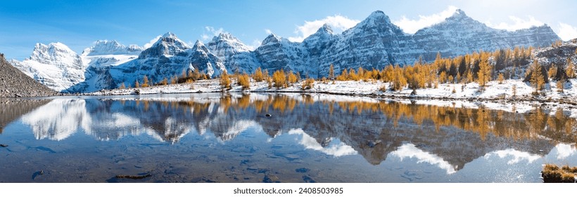 The Reflection in Minestima Lake, Larch Season in The Larch Valley, Fell in the Valley of Ten Peaks, Banff National Park, Canada