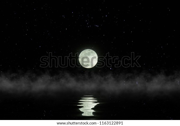 Reflection of the moonrise in the night with star\
and soft fog over the\
water.