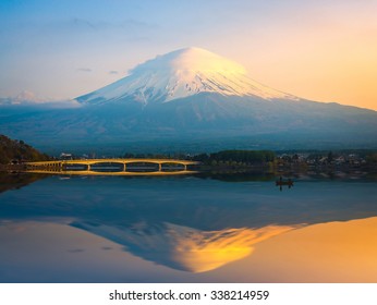 Reflection Mount Fuji At Lake Kawaguchiko , Sunset