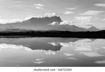 Reflection of Mount Kinabalu in black and white
