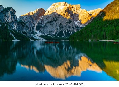 Reflection of Mount Seekofel on the Lake Braies in the morning. Lake Braies or Lake Prags or the Pragser Wildsee is a lake of the Prags Dolomites in Province of Bolzano, South Tyrol, Italy.