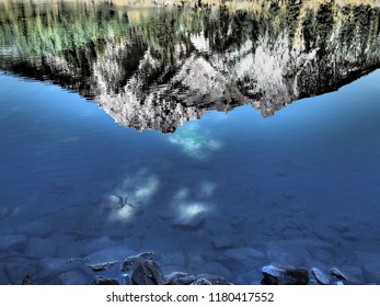A reflection of a mountain