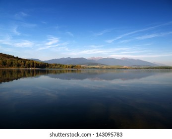 Reflection of mountains in deep lake