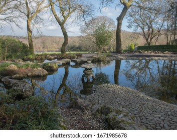 Reflection On A Pond In A Japanese Style Garden In Rural Cornwall, England, UK