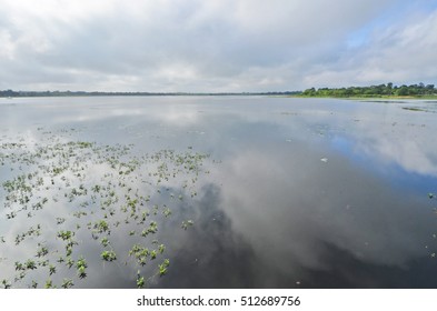 The reflection of rain clouds over the lake