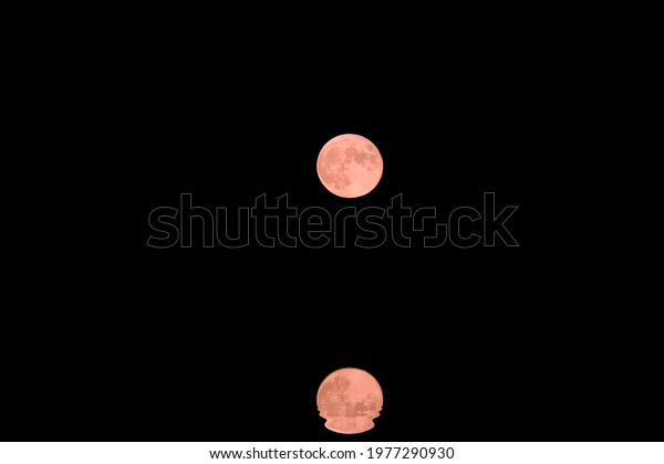 reflection of the RED full moon on the\
placid water of the sea in the clear starless\
night