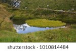Reflection of a snow covered mountain in a small natural pond - "Auge Gottes" Osttirol Austria