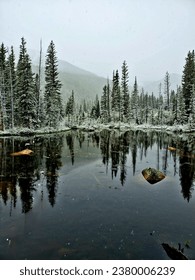 Reflection of snow dusted trees in alpine lake.
