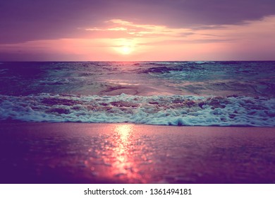 Reflection Of Sunlight In Water And Sand On The Beach. Pink And Purple Beach Sunset. Waves At Dawn. Andaman And Nicobar Islands, India. Neil, Havelock