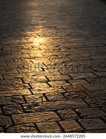 Reflection of the sunset on some cobblestones. Free space for writing. Sunlit cobblestone background.