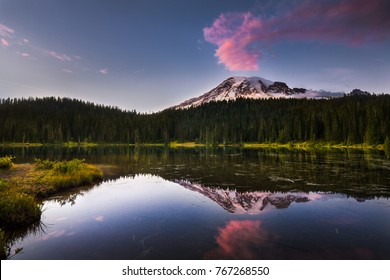 Reflection of the sunset over Mt. Ranier in Reflection Lake Mount Rainer National Park, Washington