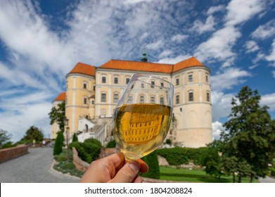 Reflection through a glass of white wine in Mikulov city. Czech Republic