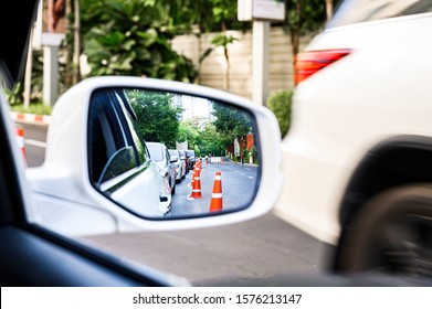 Reflection Of A Traffic Jam  In A Car Right Sideview Mirror