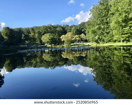 Reflection of trees and clouds in crystal clear water 