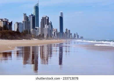 Reflection in the water of Surfers Paradise skyline in Gold Coast Queensland, Australia.