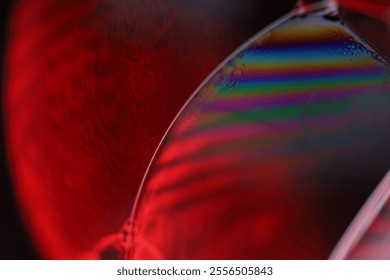 Reflections of liquid in macro, red liquid surface, bubbles in macro, connection of bubbles in macro, cell from liquid, horror background, glossy light