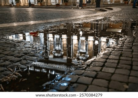 Reflections of Rome: Nighttime Puddle Reflection