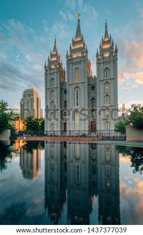 Reflections of the Salt Lake LDS Temple at sunset, in Temple Square, in Salt Lake City, Utah
