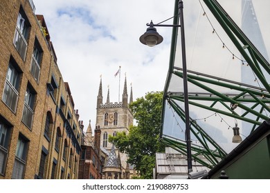 Reflections Of The Shard On Borough Market Frame The Southwark Cathedral In Central London Seen In August 2022.