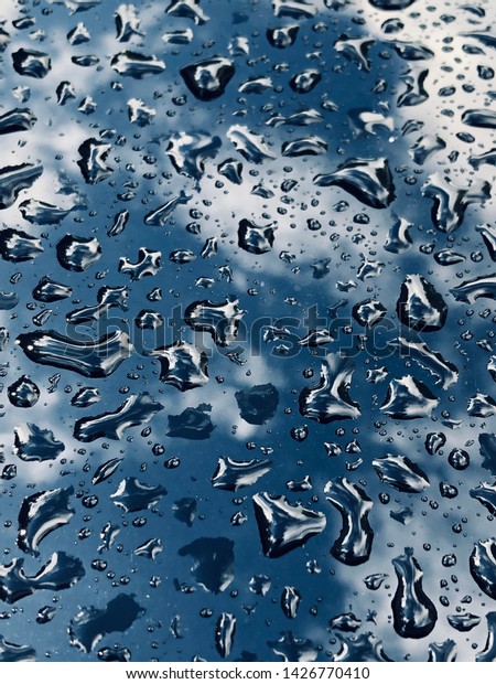 Reflections of the sky on a car hood with water\
drops from the\
rain.
