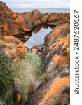 Reflections in a tidal pool among the lichen covered granite boulder clad shoreline near the remote coastal holiday hamlet of Granville Harbour on the west coast of Tasmania, Australia.