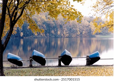 reflections of trees and autumn leaves on calm, serene lake with four canoes in foreground - Powered by Shutterstock