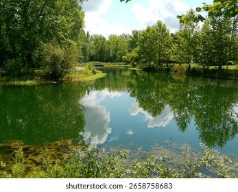  The reflections of the trees and clouds on the calm lake creates a scenic view. Look carefully to find the gravel pathway along the lake that invites hikers to travel on to observe nature's beauty.