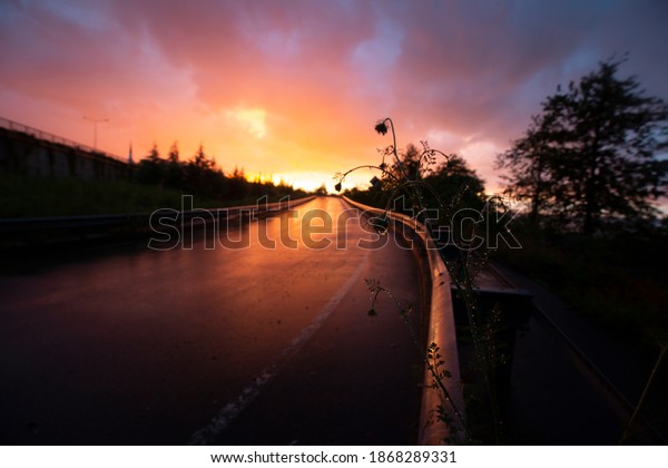 Reflective\
asphalt road and traffic sign at\
sunset
