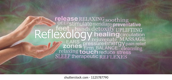 Reflexology Descriptive Word Tag Cloud Banner - Female Cupped Hands With The Word REFLEXOLOGY Floating Between Surrounded By A Relevant Word Tag Cloud On A Rustic Multi Coloured Background
