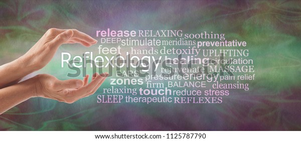 Reflexology\
Descriptive Word Tag Cloud Banner - female cupped hands with the\
word REFLEXOLOGY floating between surrounded by a relevant word tag\
cloud on a rustic multi coloured\
background\
