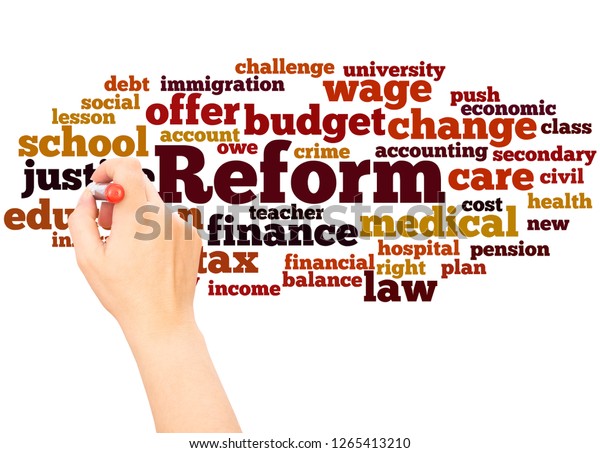 Reform word cloud hand writing concept on\
white background.