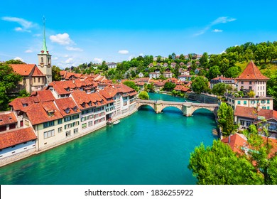 Reformed Nydeggkirche church and Aare river aerial panoramic view in the Old City of Bern in Switzerland