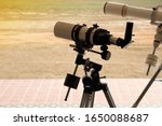 Refractor telescope. Astronomical telescope, device instrument for land lunar or planetary observation of distant object, magnified by lenses.