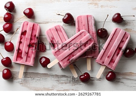 Refreshing cherry yogurt popsicles on a rustic white wooden background. These healthy icy treats are great for hot days and are easy to prepare at home. The perfect choice for healthy eating and summe