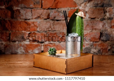 Refreshing cocktail with tequila cucumber, cactus and ice. Original feed in box with sand, leaf of greens.