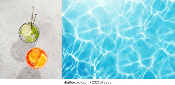 Refreshing cocktails by the pool on a sunny day, the perfect summer vacation. View from above with space for your text - Powered by Shutterstock