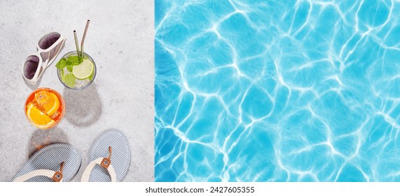 Refreshing cocktails by the pool on a sunny day, the perfect summer vacation. View from above with space for your text - Powered by Shutterstock