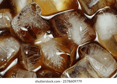 Refreshing coffee with ice cubes as background, top view
